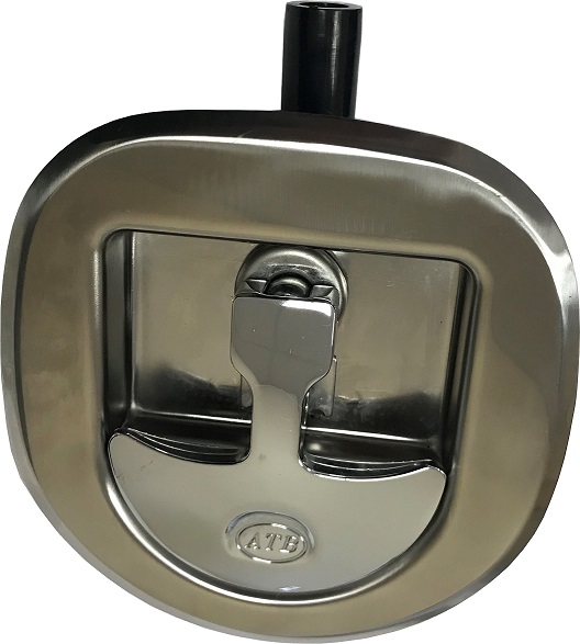 1A060-CDT Dolphin Tail Compression Bi-Directional Rotation Latch with Adjustable Roller Cam. Polished Stainless Steel Pan, Die Cast Zinc Chrome Plated T-Handle with ATB Logo.