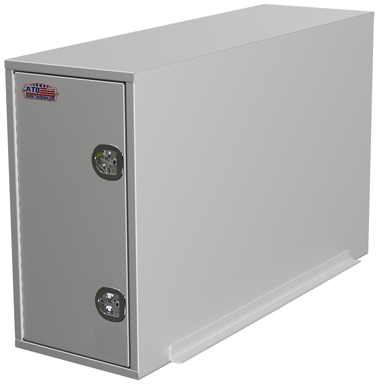 A-CP55 - 46"H x 95"D x 24"W - Aluminum Super HD Truck Cross-Pack Service Box, All Smooth Finish, Both End Single Side Open Doors With Gas Springs and SS DT-T-Handle Locks, Two Shelves, 4-Swivel Hooks & Frame Mount 