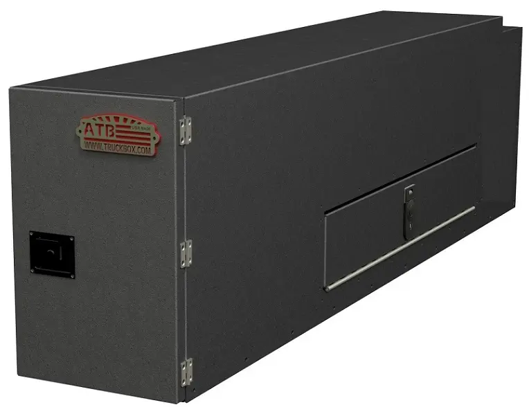 A-DF42- 20"H x 74"D x 12"W- Aluminum Truck Pickup Drawer Fender Toolbox, HD, All Smooth Finish, 4 Drawers (1-2 = 60" & 2-3 =16"), Left Side Open Door (Driver Side) With Pull Handle Lock, With Back Notched, Drop Open Compartment At Fender & Top/Back Compartment, Powder Coated MX-Black 