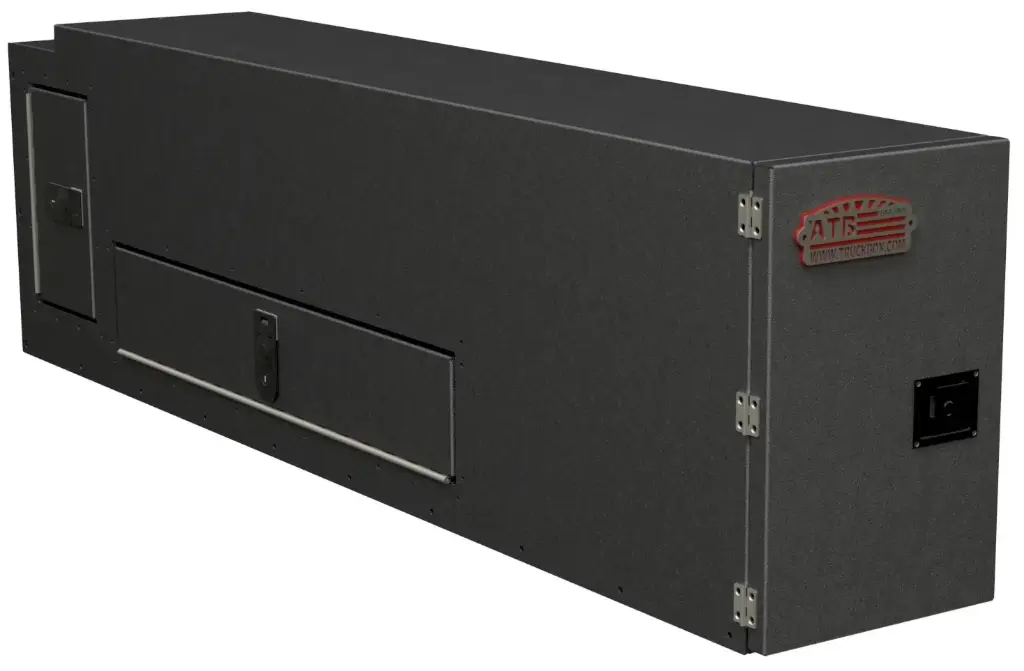 Aluminum Truck Pickup Drawer Fender Toolbox, HD, All Smooth Finish, 4 Drawers (1-2 = 60" & 2-3 =16"), Right Side Open Door (Right) With Pull Handle Lock, With Back Notched, Drop Open Compartment At Fender & Top/Back Compartment, Powder Coated MX-Black - A-DF42 Series - 20"H x 74"D x 12"W.