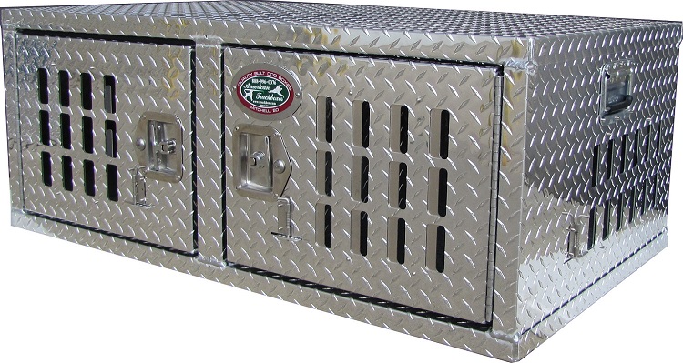 A-DK31 - 18"H x 28"D x 46"W - Aluminum Dog Box, Side Opening Double Door, Adjustable Air Vents, Rubber Floor Matting, All Diamond TP Finish.