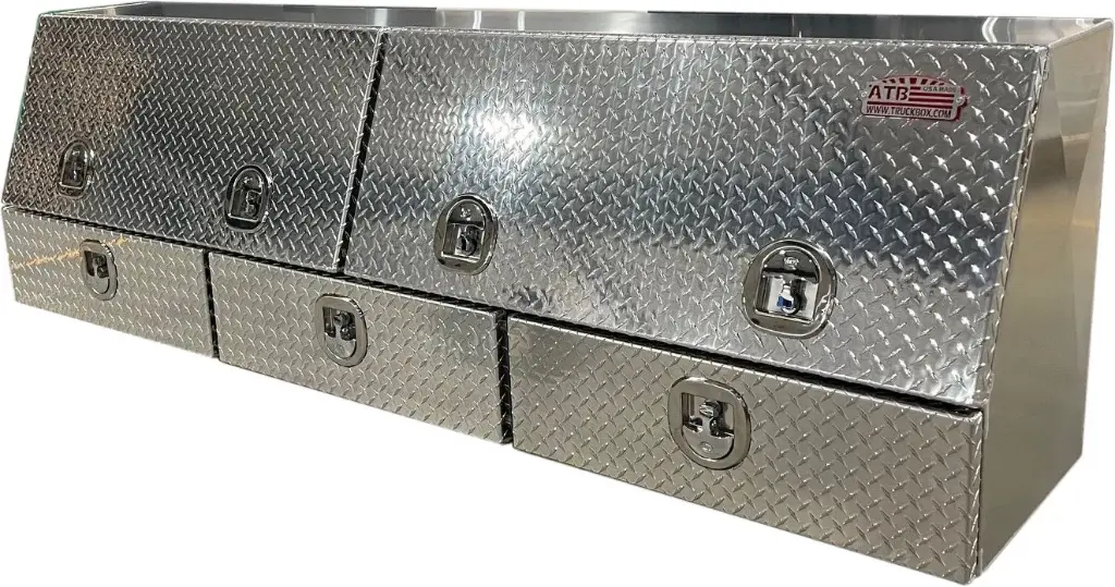 A-DU41 21"H x 16"D x 82"W - Aluminum Drawer Utility Toolbox, HD, Double Top Hinged Doors and Triple Drawers, DT-T-Handle Locks, Smooth Main Body and Diamond TP Bright Finish.