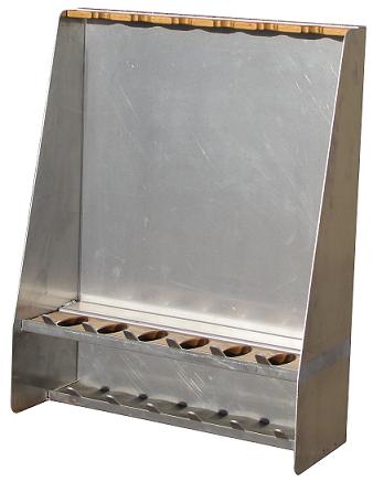 A-GR06- 44" H x 13" D x 34" W- Aluminum Wall Mount Gun Rack, Six Gun Position, All Smooth Aluminum Finish, Oak Gun Rests and Two Gear Shelves with Clothes Hangers.