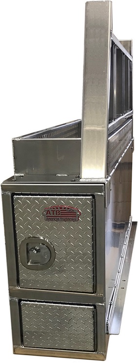 A-HP52 - 26"H x 80"D x 16"W - Aluminum HD Hotshot Cross-Pack Box with Frame Mounts, 64 Gal Tank, DT-T-Handle Locks, Two Side Open Doors, One 52" Shelf, Expanded Rack with Diamond TP Finish Single Doors