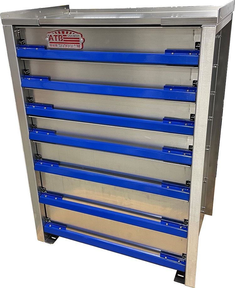 A-IK41 - 38"H x 18"D x 28"W - .090 Aluminum Drawer Insert Kit with Removable Dividers, HD, 7 Drawers (top: D1-4=4"/ D5=5" / D6-7=6") with Rubber Inside Mats & 250lb Lock-In/Out Slides.