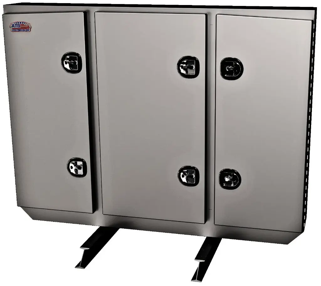 A-RB51 - 68"H x 12"D x 80"W - Aluminum Semi Tractor HD Rack Box, Powder Coated MX-Black Body with Smooth Polished Finish Triple Doors, 1 Chain Rack Outside Compartments, and 3 Shelves Center Compartment, DT-T-Handle Lockable Locks and I-Beam Mount.