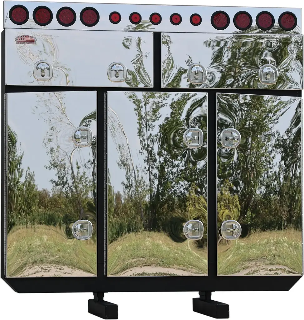 A-RB52 - 72"H x 12"D x 84"W - Aluminum Semi Tractor HD Rack Box, Powder Coated MX-Black Body, Triple Bottom and Double Top Mirror Finish Doors, 1 Chain Rack in Outside Compartments, and 3 Shelves in Center Compartment, DT-T-Handle Lockable Locks and I-Beam Mount
