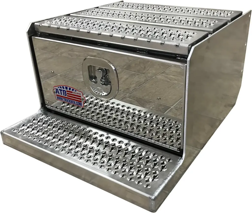 A-SF51S - 27"H x 30"D x 34"W - Aluminum Semi Truck Step Frame Toolbox, All Smooth Body, Mirror Finish Drop Open Door with DT-Handle Lock & Laser Cut Strut Pressed Grip Steps.