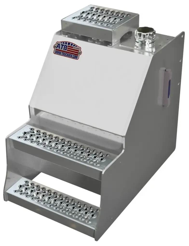 A-SO51S- 26"H x 28"D x 24"W - Aluminum Semi Truck Oil Reservoir Step Tank, 29 Gal, with Sight Glass & Filler Cap, Single Baffle, Laser Cut Strut Pressed Grip Steps & All Smooth Finish