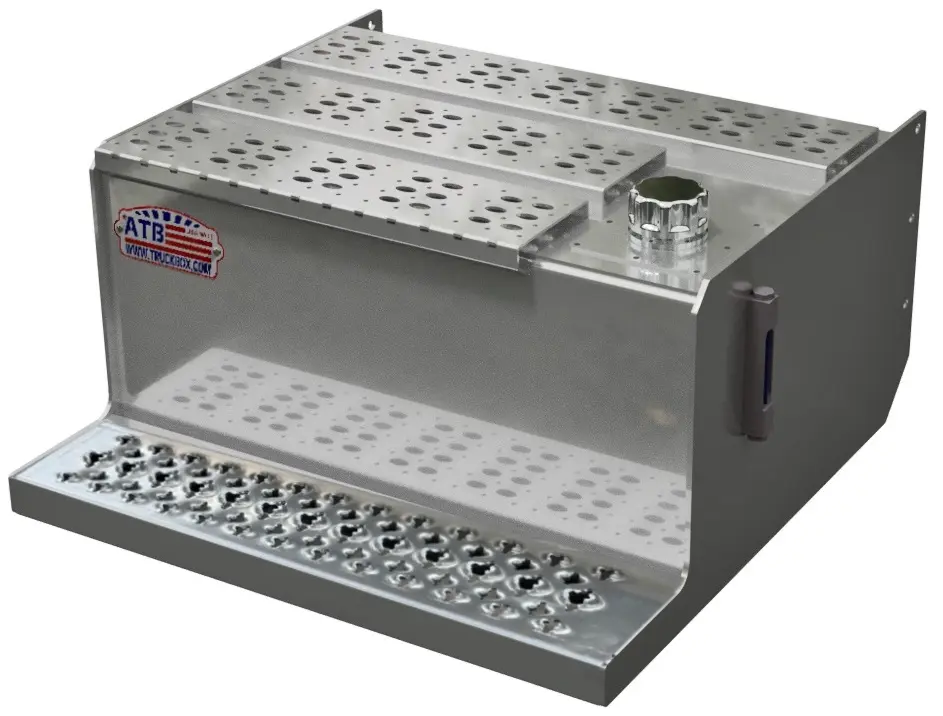 A-SO52S - 15"H x 30"D x 24"W - Aluminum Semi Truck Oil Reservoir Frame Step Tank, 23 Gal, with Sight Glass & Filler Cap, Single Baffle, Laser Cut Strut Pressed Grip Steps, All Smooth Finish