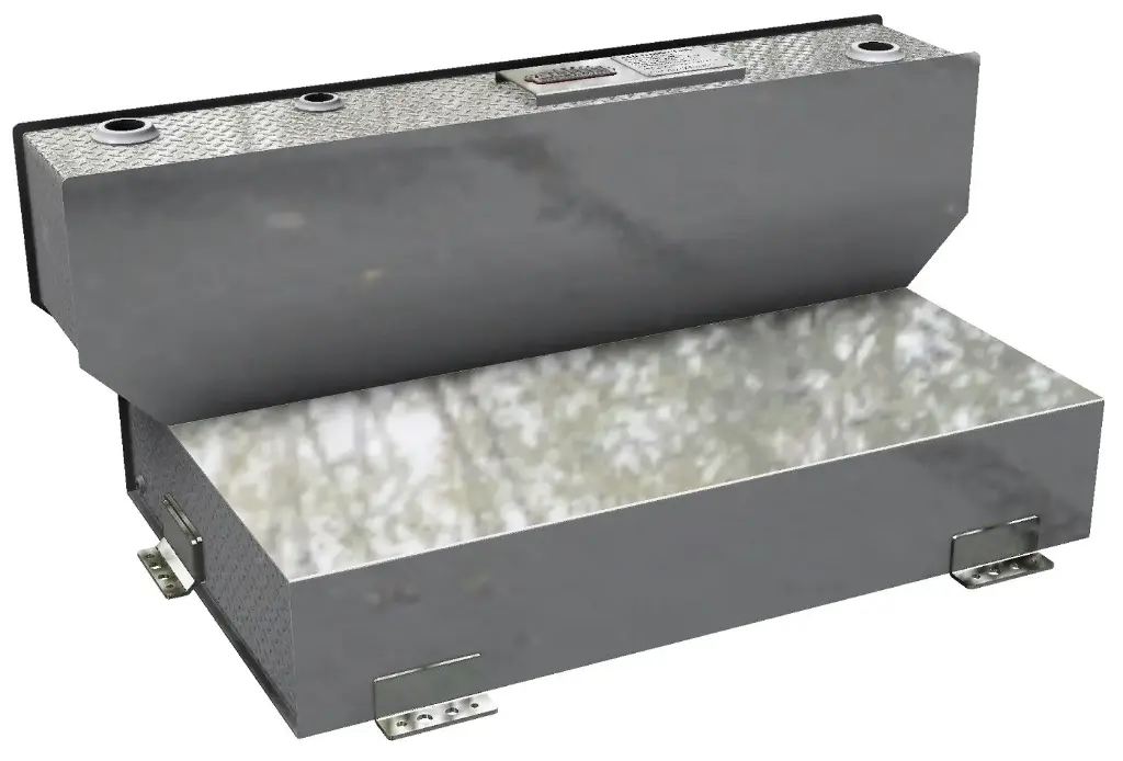 A-TL52 - 26"H x 41"D x 58"W - 10g Aluminum L-Shape Fuel Tank, 110 Gal, with Mounting L-Brackets, Double Baffled, Two 2" & One 1-1/2" Top Fittings & 3/8" Bottom Side Drain.
