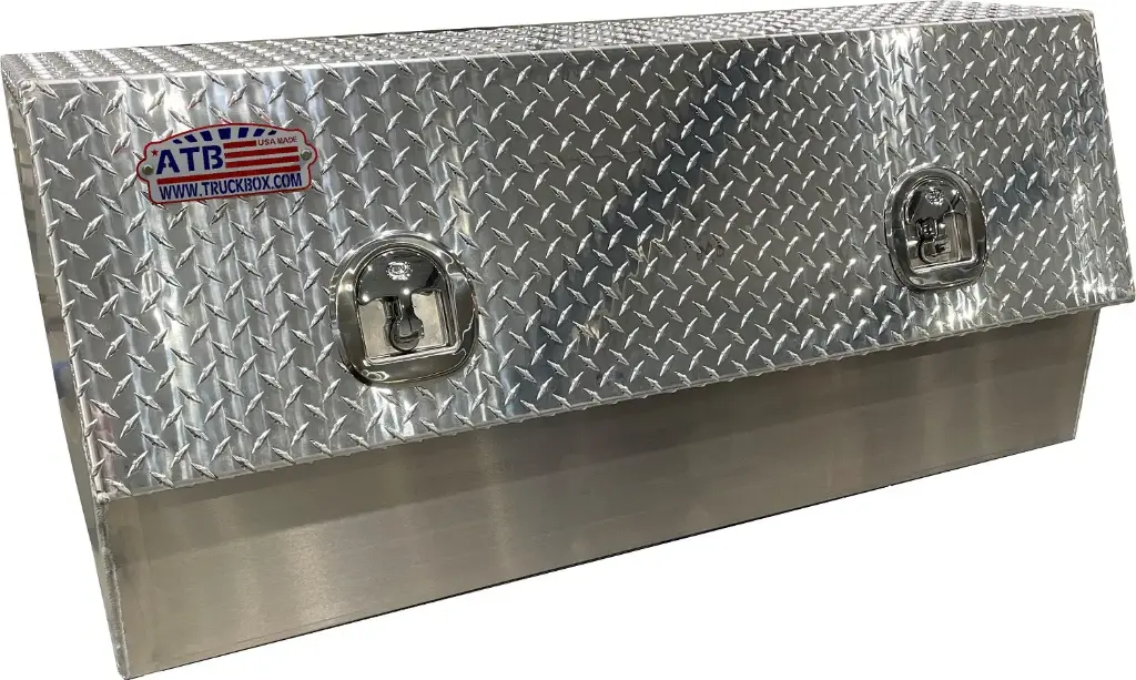 A-TU41 - 28"H x 20"D x 72"W - Aluminum HD Top Side Utility Flat Bed Truck Trailer Toolbox, All Smooth Body, Diamond TP Top Hinged Single Slanted Door with Gas Springs & DT-T-Handle Locks.