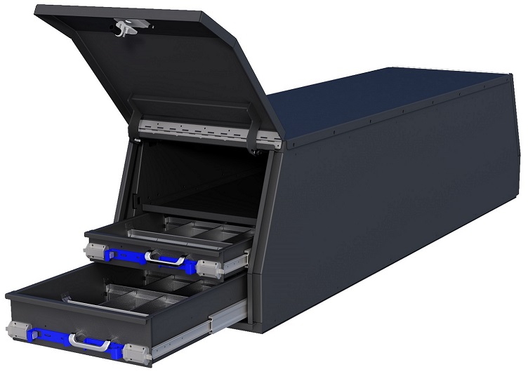 S-CGD47 - 21"H x 82"D x 24"W - Steel HD Pickup Cross Drawer Flatbed Toolbox, Both End Top Hinged Doors W/ Gas Springs, 2-Drawers Each End (1T=4" & 2B=6"), One Shelf, Powder Coated MX-Black