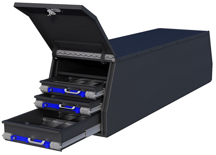 S-CGD47 - 28"H x 96"D x 24"W - Steel HD Pickup Cross Drawer Flatbed Toolbox, Both End Top Hinged Doors W/ Gas Springs, 3-Drawers Each End (1-2T=4" & 3B=6"), One Shelf, Powder Coated MX- Black