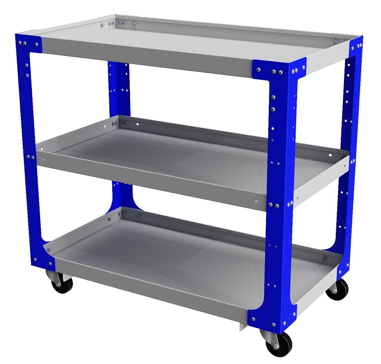 S-CM41 - 30"H x 24"W x 36"D- 12g Steel HD Machine Cart for Shop/Tools, Heavy 3.5" Casters, three 14g Adjustable Steel Hemmed Shelves, Powder Coated Blue Streak/Light Grey