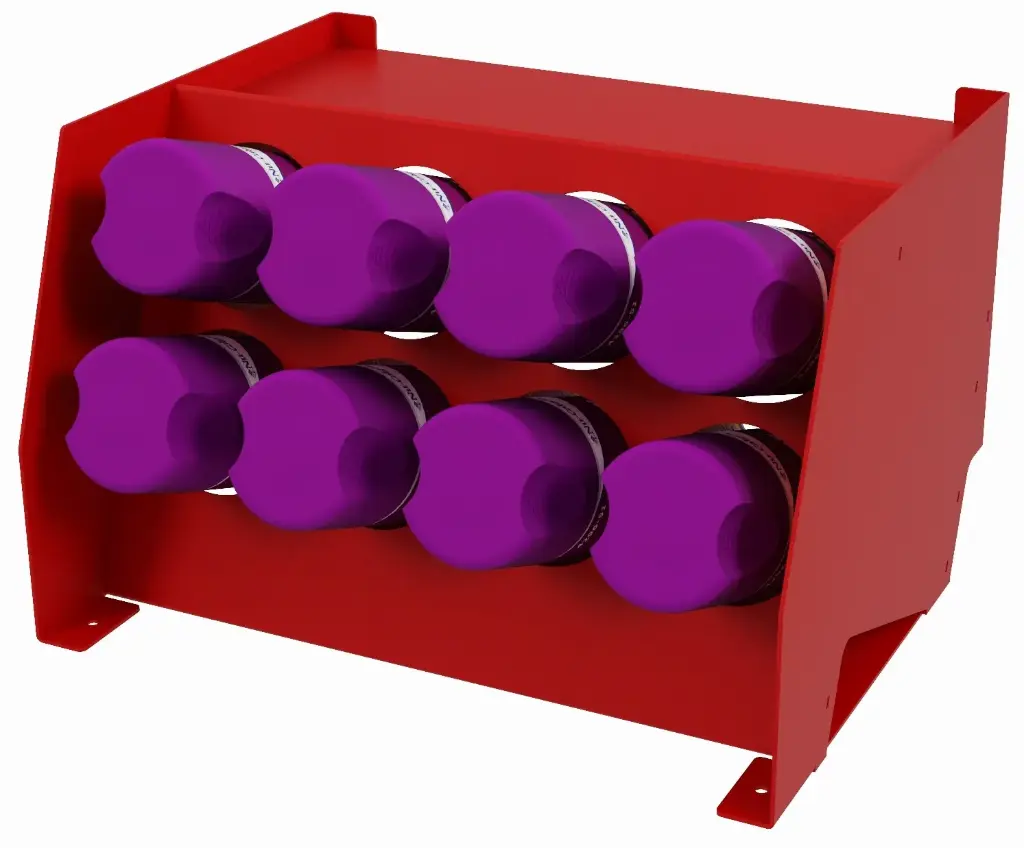 S-CO31 - 9"H x 11"D x 14"W - Steel Pro-HD Can Organizer, 2 Levels - 8 Cans, with Side Handles, Powder Coated Red Finish.