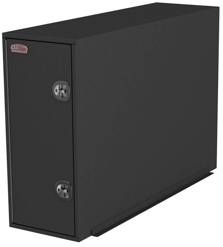 S-CP45 - 48"H x 96"D x 24"W - 14g Steel HD Truck Cross-Pack Box, Straight Bottom, Both End Single Side Open Doors with Gas Springs & DT-Handle Locks, 2-Shelves, 4-Hooks, Built in Frame Mounting Rails, Powder Coated MX-Black