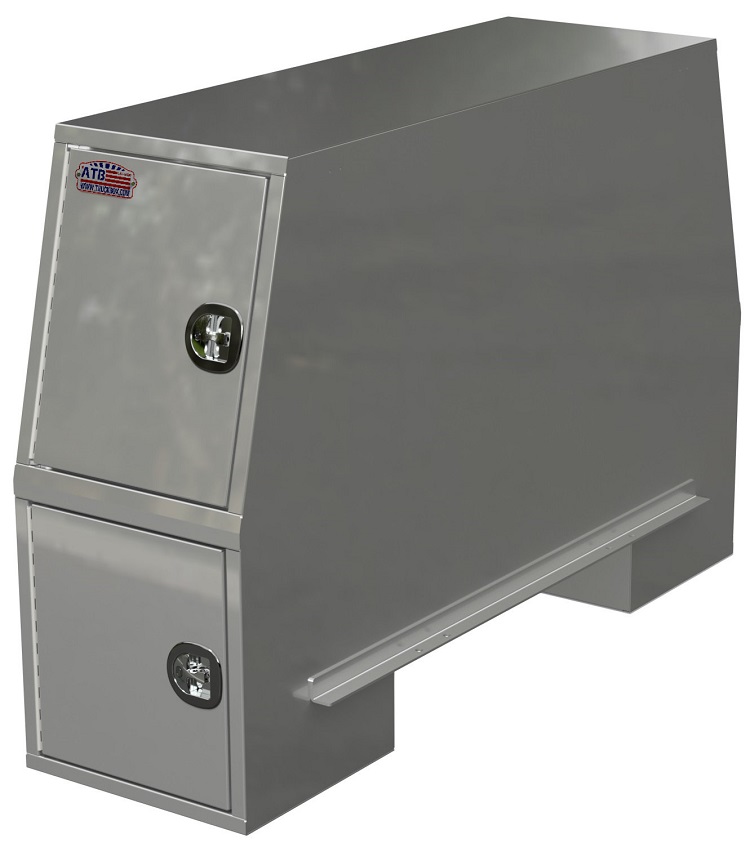 A-CP51 - 55"H x 82"D x 24"W - Aluminum Super HD Truck Cross-Pack Service Box, All Smooth Finish, Four Side Open Doors with Gas Springs & DT-Handle Locks, One Upper Shelf, 2 Drawers (1 Per Side) On Lower End Replacing Shelf Placement, Side Mounts, Four Hooks, With Side Boxes, Powder Coated WX-White