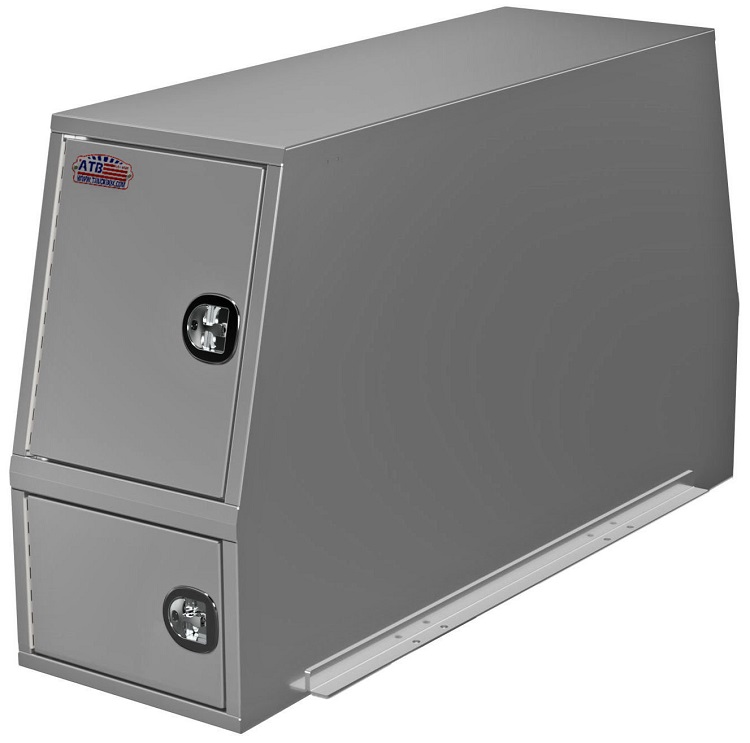 A-CP54 - 54"H x 96"D x 16"W - Aluminum Super HD Truck Cross-Pack Service Box, With DT-Handle Locks, (Drivers Side) One Door Top Hinge with Gas Springs, Two Adjustable Shelves with Fixed Partition Dividing Compartment at Half Point, (Passenger Side) Pull Out Drawer 8" from bottom, Stationary Shelf Dividing Compartment in two, No Door on Top selection, Straight Bottom & Mounts, Four Hooks, All Smooth Finish, Powder Coated MX-Black