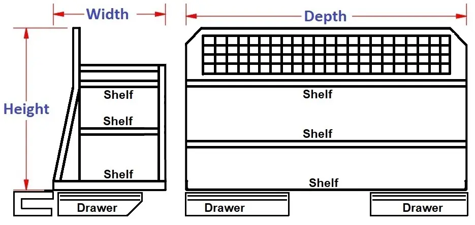 A-PC61 - 45"H x 57"D x 22"W - Aluminum HD Pickup Back Seat Cargo Storage Shelf System for Ford Super Cab 2019-2025 with 3 Shelves (Plain-W/FE Space), 2 Drawers & Powder Coated MX-Black Body Only.
