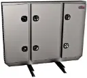 Semi Tractor Headache Racks, HD Aluminum Smooth Body and Triple Doors, 1 Chain Rack Outside Compartments, and 3 Shelves Center Compartment, SS DT-T-Handle Lockable Locks and I-Beam Mount - A-RB51 Series.