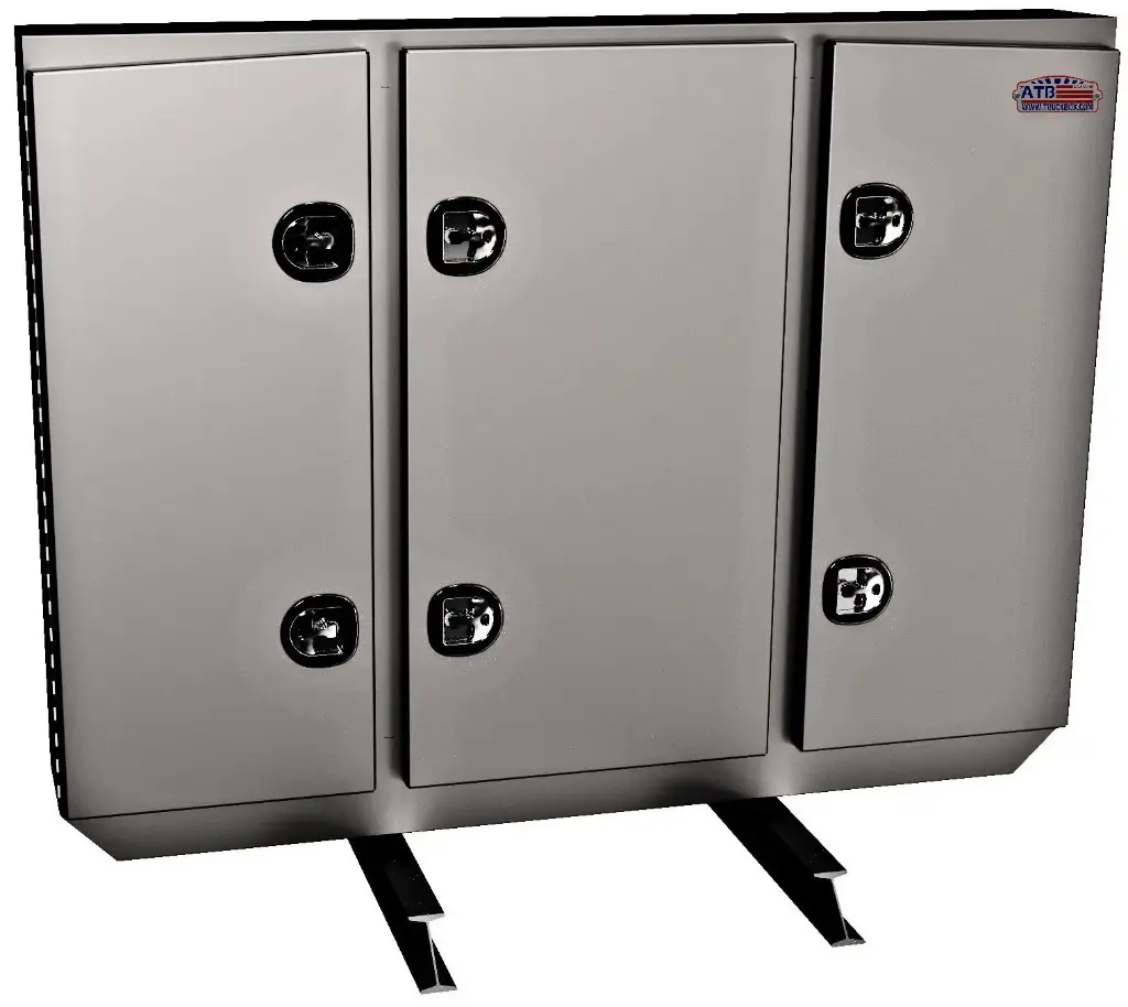 Semi Tractor Headache Racks, Aluminum Smooth Powder Coated Body and Triple Doors, 1 Chain Rack Outside Compartments, and 3 Shelves Center Compartment, SS DT-T-Handle Lockable Locks and I-Beam Mount - A-RB51 Series.
