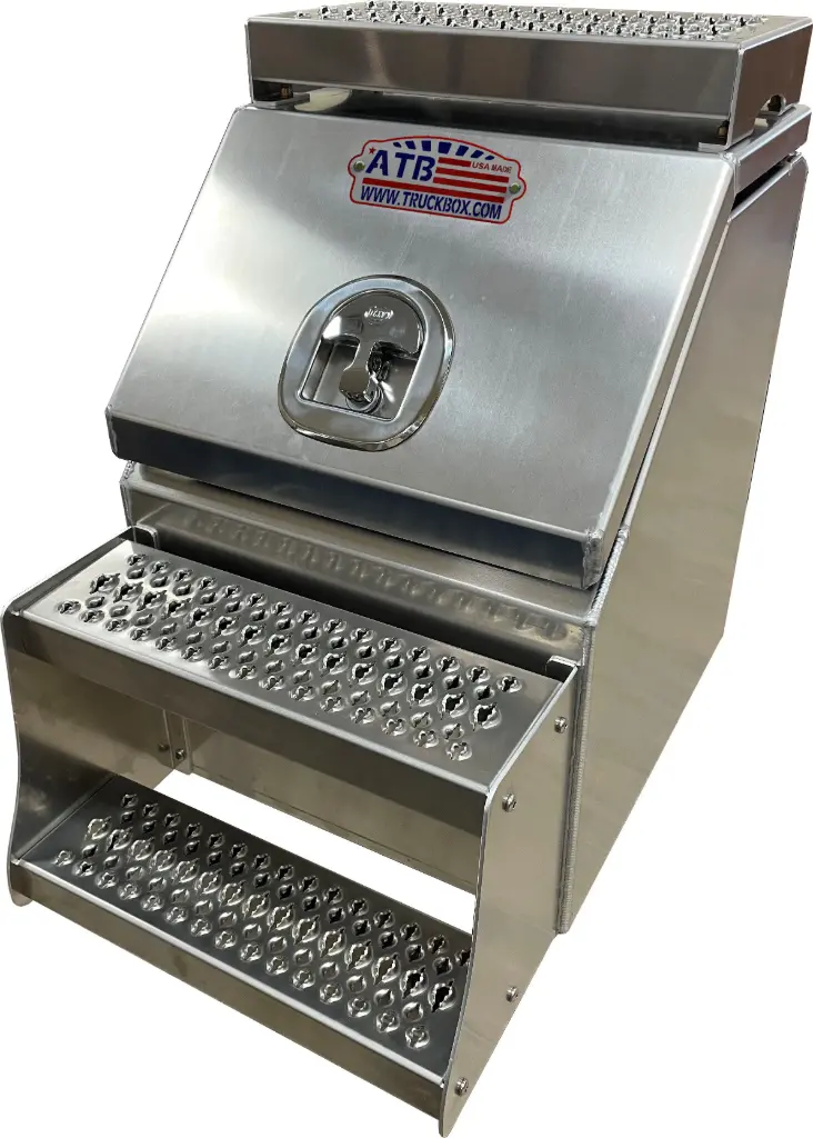 A-SB51S 26"H x 28"D Aluminum Semi Truck Saddle Step Boxes, Smooth Bright Finish, Single Top Hinged Lid with Pro-Grip Strut Steps & SS-DT-Handle Lock.