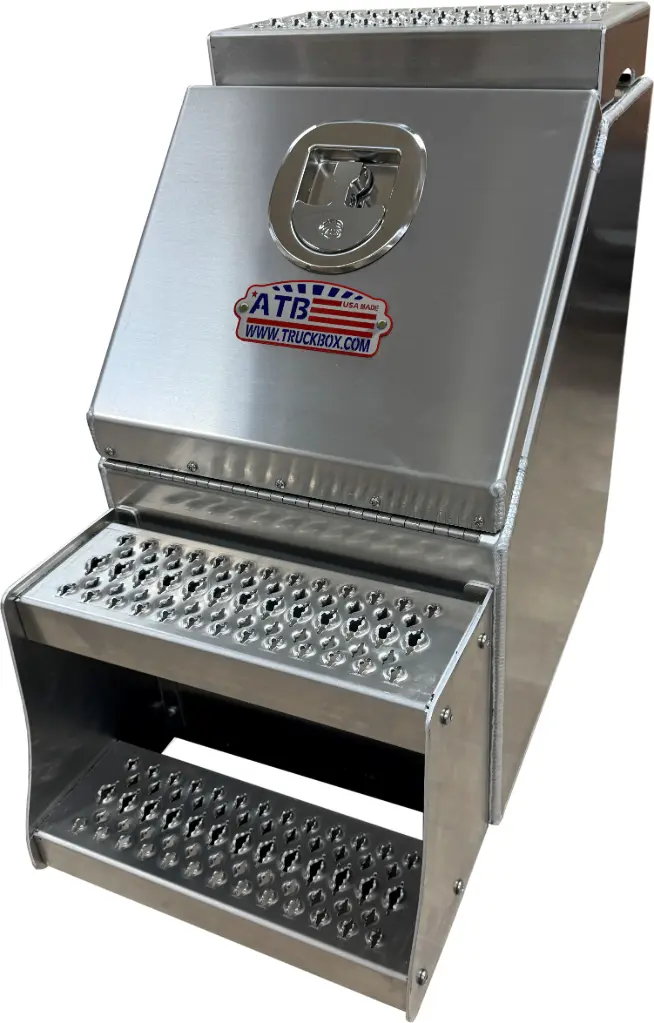 [A-SB51S-262812D-S] A-SB51S- 26"H x 28"D- Aluminum Semi Truck Saddle Step Boxes, Smooth Bright Finish, Single Drop Open Lid with Pro-Grip Strut Steps & SS-DT-Handle Lock. (12)