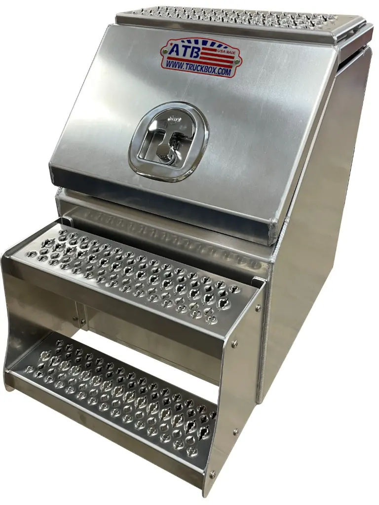 A-SB51S- 25"H x 28"D- Aluminum Semi Truck Saddle Step Boxes, Smooth Bright Finish, Single Top Hinged Lid with Pro-Grip Strut Steps & SS-DT-Handle Lock.