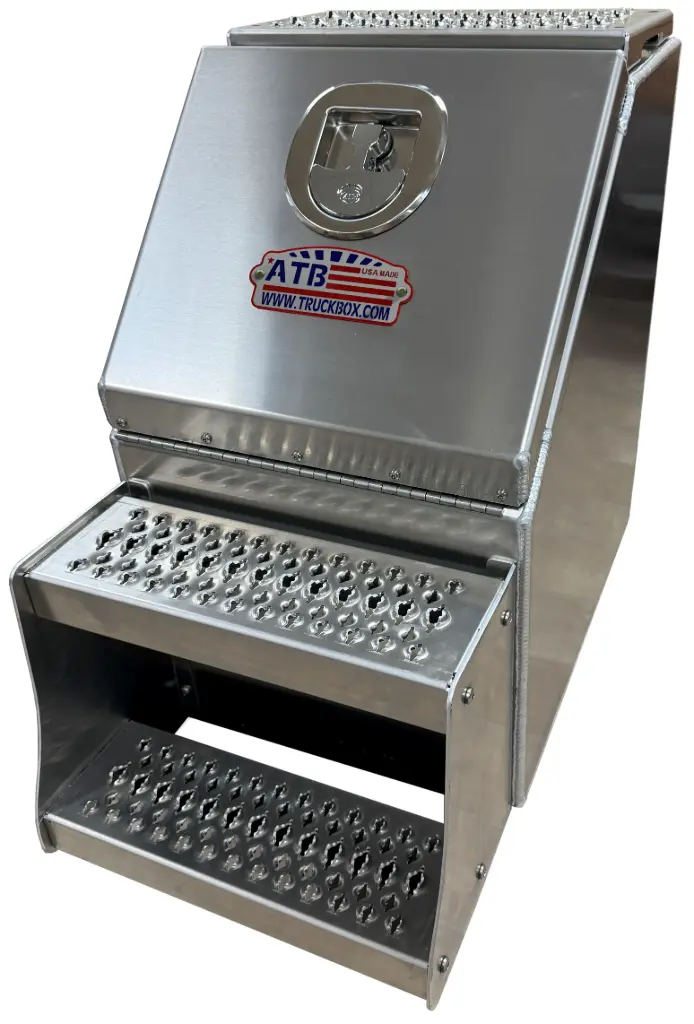 A-SB51S 25"H x 28"D Aluminum Semi Truck Saddle Step Boxes, Smooth Bright Finish, Single Drop Open Lid with Pro-Grip Strut Steps & SS-DT-Handle Lock.
