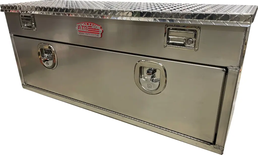 [A-TB41-201448SS-T] A-TB41 - 20"H x Aluminum Top-Bottom Utility Truck Toolbox, Super Heavy Duty, All Smooth Body, Diamond TP Top Open Lid with Gas Springs, Lift Handle Locks, Rubber Matting & Dividers, Smooth Drop Open Door with Cables & SS DT-T Handle Locks (14D-48W)