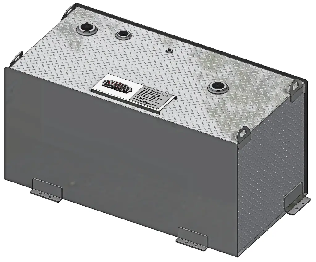[S-TS5-181426N-T2] A-TS5 - .125 Aluminum Fuel Tank, Heavy Duty, Smooth/Diamond TP Finish, with Mounting L-Brackets Baffled Larger Tanks - 2", 1-1/2" & 3/8" Female Fitting, Top and 3/8" Bottom Side Drain. (25 Gal. 18H-14D-26W)