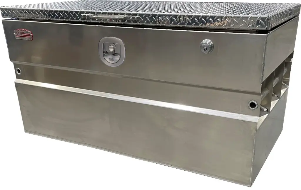A-CS54 - .125 Aluminum Chest-Safe Jobsite Box, Industrial Grade Smooth Body, Diamond Tread Plate Top Open Lid with Gas Springs & SS DT-T Handle Pad-Lockable Crossbar Latch, Optional Fork Slots