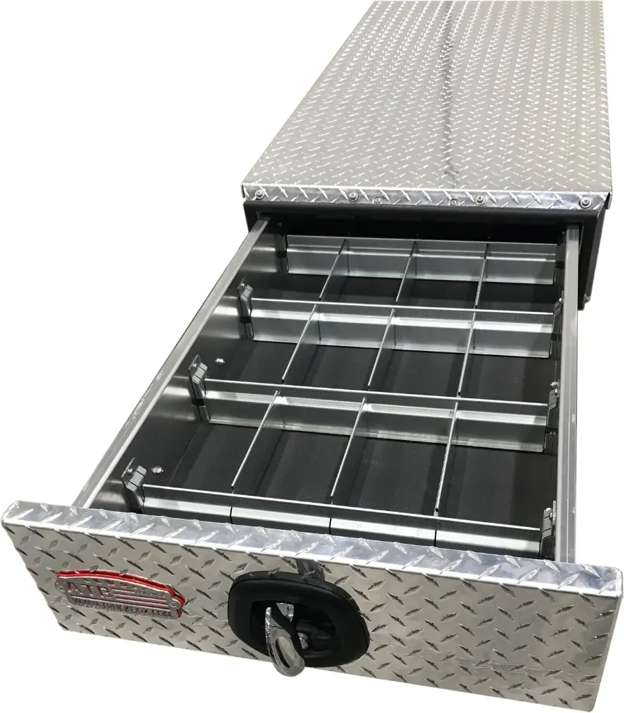 A-BP Single/Stacked Drawers - Aluminum Truck Pullout Bed-Pack Toolbox Drawer System, Super Heavy Duty, Smooth Body, Diamond TP Single Drawer with 500Lb Slides, Dividers and SS-DT-T Handle Lock.