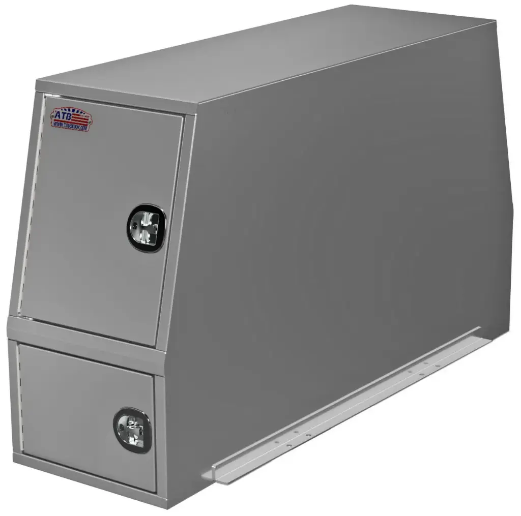 [A-CP54-468218-S2] A-CP54 - .125 Aluminum Truck Cross-Pack Service Box, Super Heavy-Duty, Four Side Open Doors with SS DT-Handle Locks & Gas Springs, Two Adjustable Shelves, Straight Bottom Mounting Rail Brackets & Four Swivel Hooks, Smooth Finish/Diamond TP Finish/Powder Coat Finish (All Smooth, 46H-82D-18W)