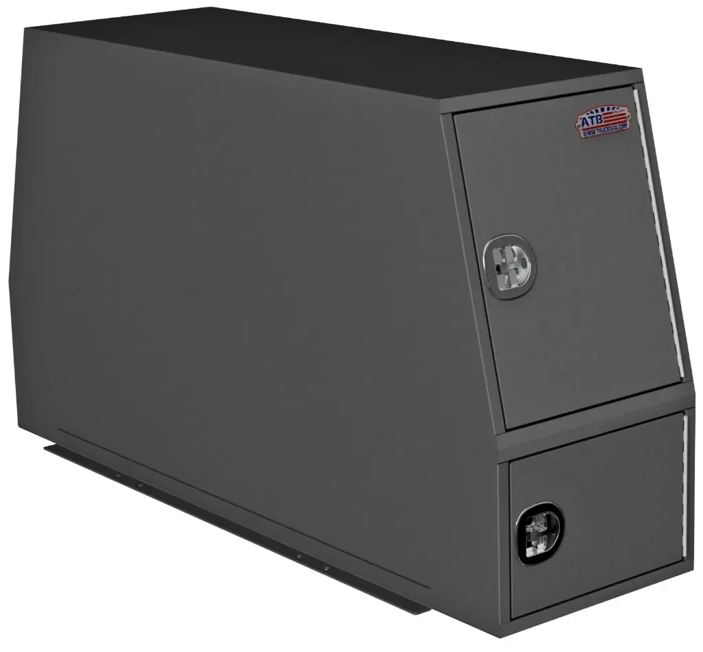 [S-CP44-468218-BX] S-CP44 -14g Steel Truck Cross-Pack Service Box, Super Heavy-Duty, Four Side Open Doors with SS DT-T Handle Locks & Gas Springs, Two Adjustable Shelves, Straight Bottom Mounting Rail Brackets & Four Swivel Hooks, Powder Coat Finish (Texture BX-Black, 46H-82D-18W)