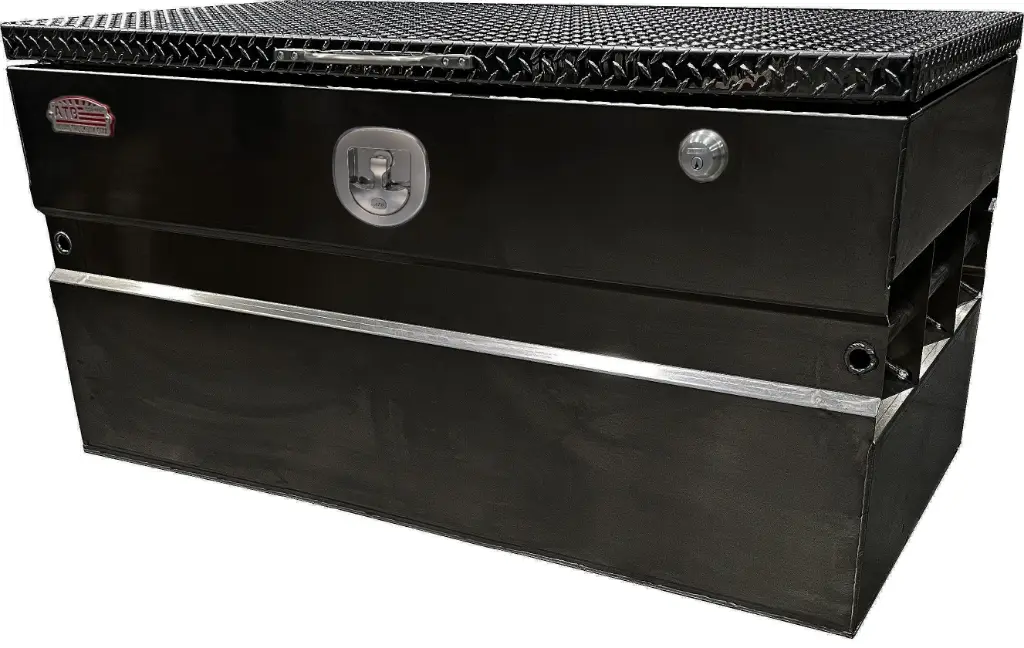 S-CS44 - 14g Steel Chest-Safe Jobsite Box, Industrial Grade, Aluminum TP Top Open Lid with Gas Springs & SS DT-Handle Pad-Lockable Crossbar Latch. Optional Fork Slots - All Powder Coat Finish.