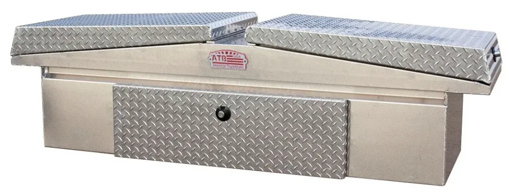 A-LG-D Series - Aluminum Pickup Truck Crossover Low Profile Gullwing (EZ Grab) Toolboxes with Drawer, Super Heavy Duty, Smooth Aluminum Body, Double Diamond TP Top Open Lids with Push Button Locks & Pro-Sliding Tray, Smooth TP/Powder Coat Finish