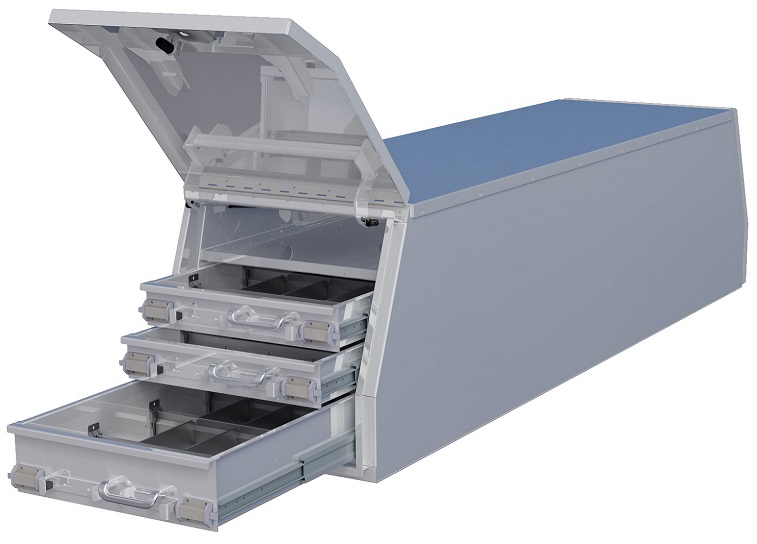 A-CGD57G - Aluminum HD Pickup Cross Drawer Flatbed Toolbox, Smooth Body Diamond Tread Both End Top Hinged Doors, Top Cross Shelf and Drawers Both end on Bottom with SS DT-T-Handle Locks