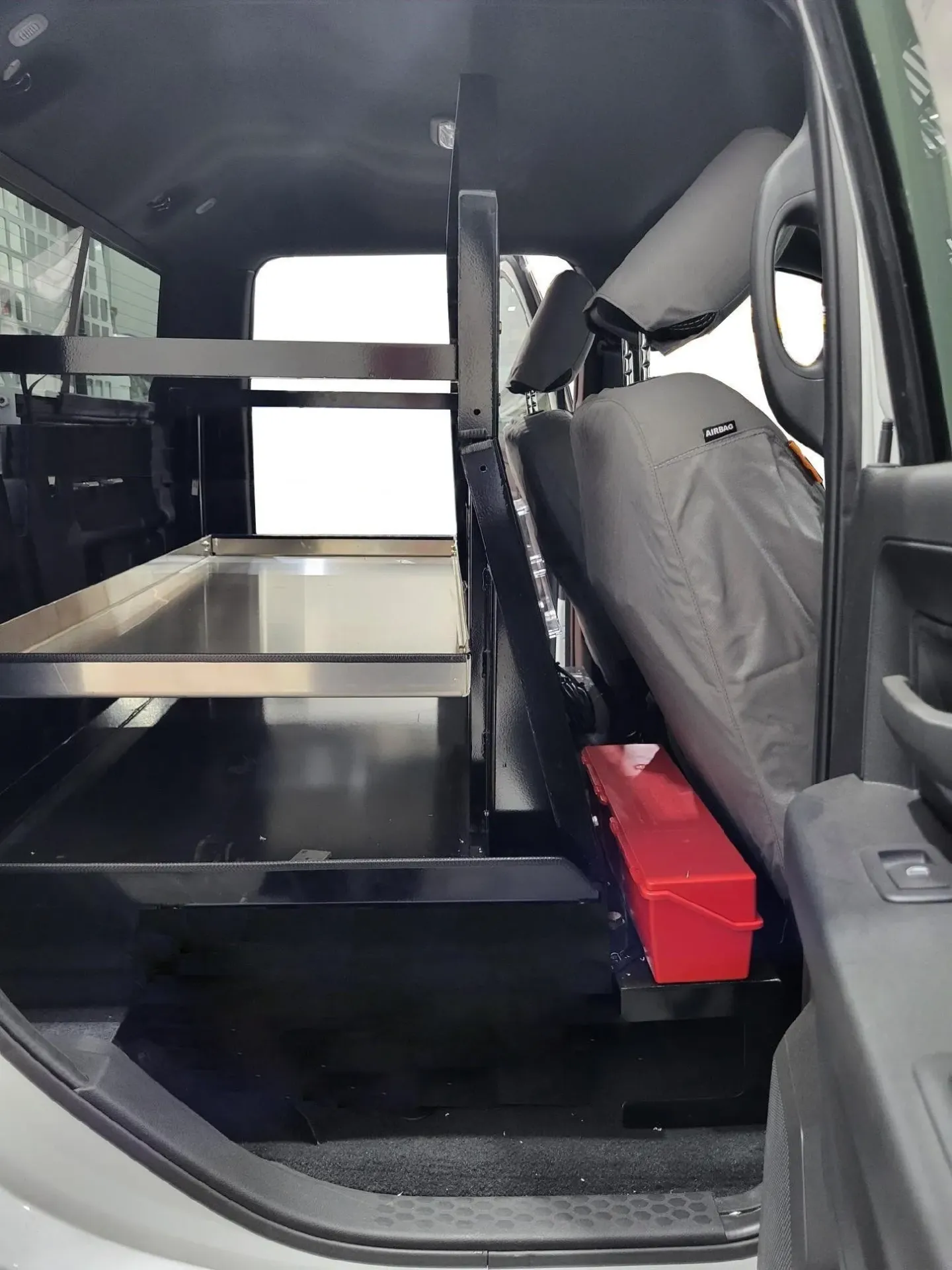 A-PC51-RAM- 45"H x 57"D - Aluminum Pickup Back Seat Cargo Storage Cab Divider Shelf System, Super Heavy Duty with Fire Extinguisher Space - Short Shelf, Powder Coated MX-Black BODY ONLY.
