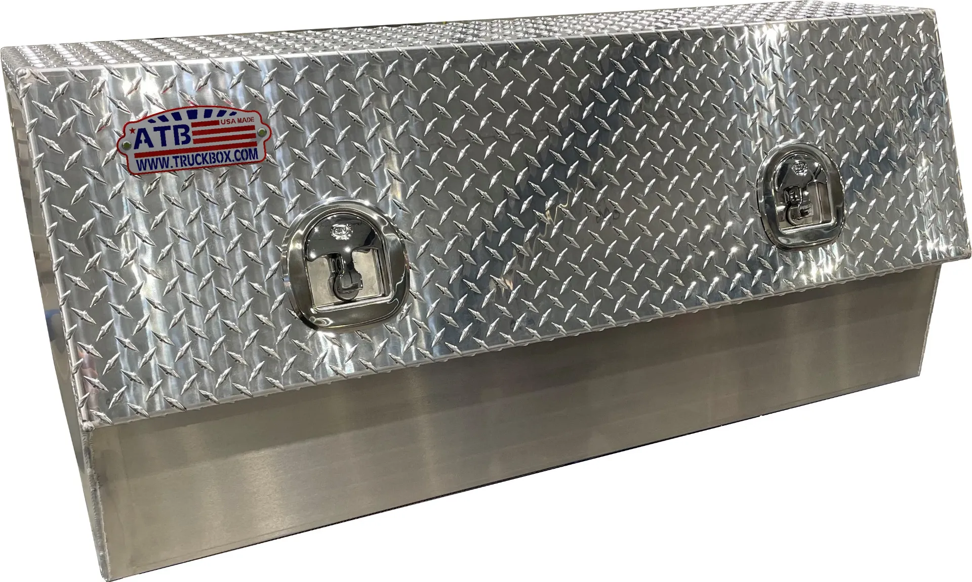[A-TU41-211448S-T] A-TU41 - Aluminum HD Top Side Utility Flat Bed Truck Trailer Toolbox, All Smooth Body Diamond TP Single Top Hinged Slanted Door with Gas Springs & DT-T-Handle Locks. (21H-14D-48W)