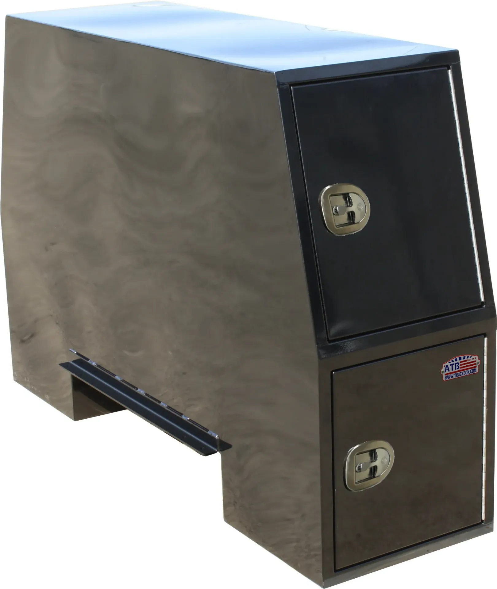 S-CP41 - 14g Steel Super Heavy Duty Truck Cross-Pack Boxes, Four Side Open Doors with Gas Springs & SS-Dolphin Tail T-Handle Locks Two Fixed Shelves Four Hooks Built-in Frame, Mounting Rails and Powder Coated Texture Finish.