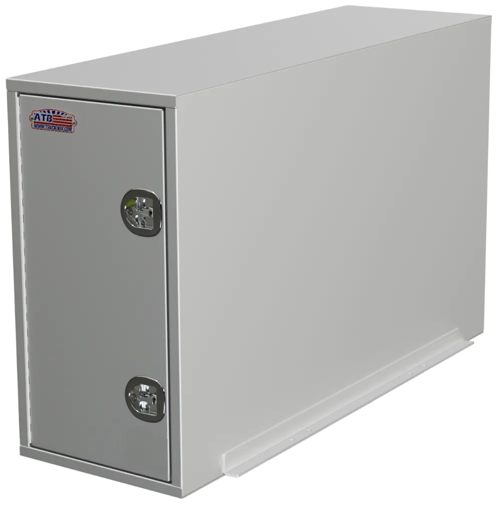 A-CP55 - Aluminum Super Heavy Duty Truck Cross-Pack Service Boxes Both End Single Side Open Doors with Gas Springs and SS DT-T-Handle Locks, Shelves, Swivel Hooks & Frame Mount.