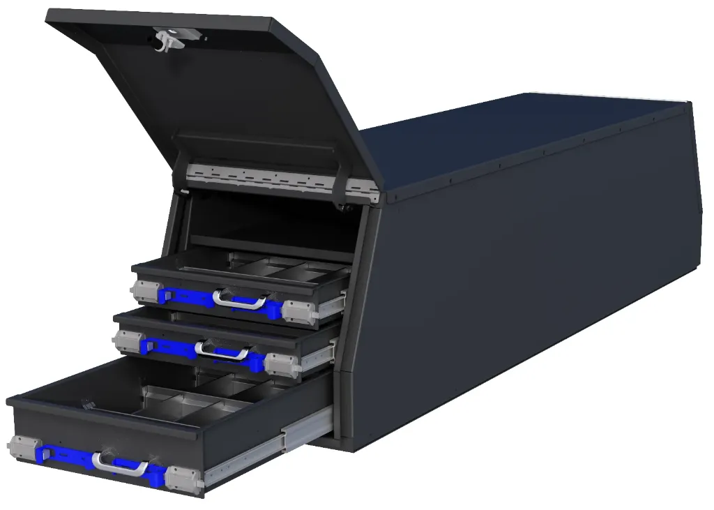 S-CGD47 - Steel Heavy Duty Pickup Crossover Drawer Flatbed Toolboxes, Both End Top Open Hinged Doors with Gas Springs and Powder Coated Finish