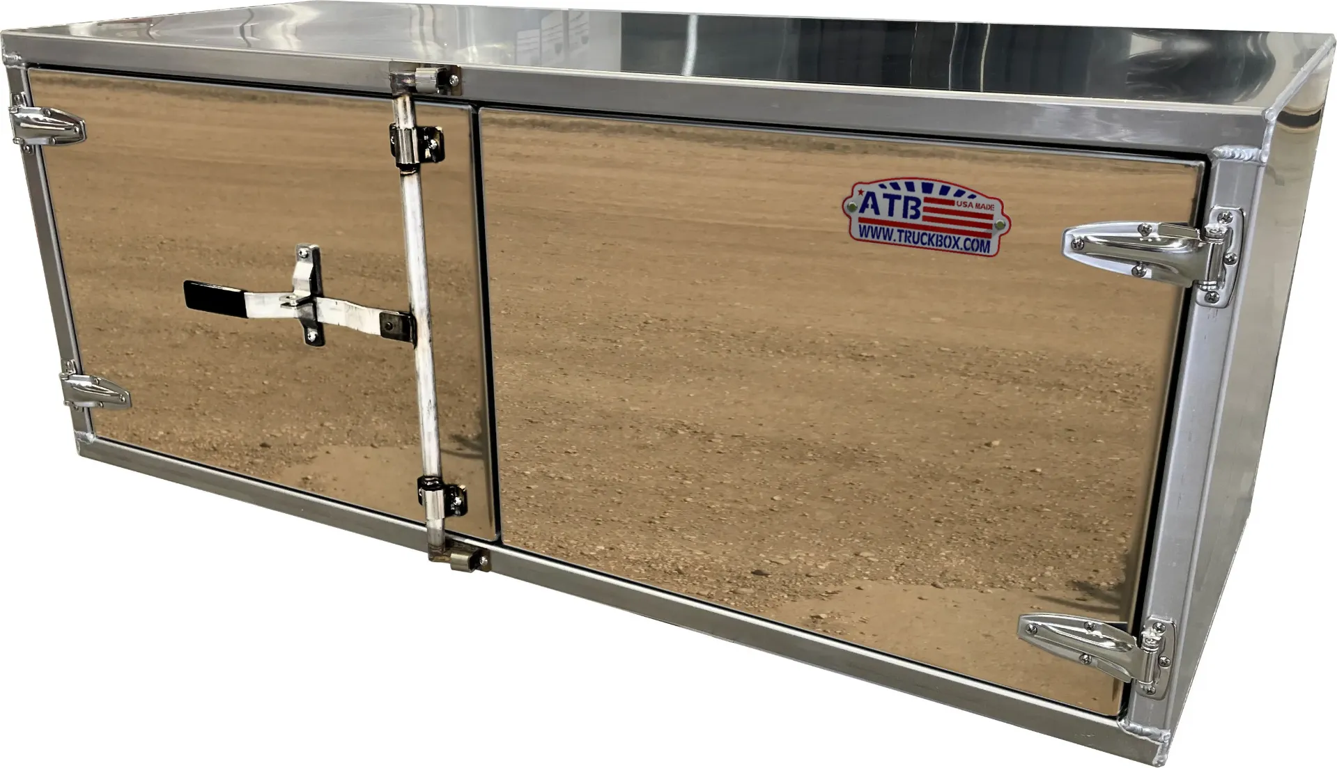 A-SR55- .125 Aluminum Underbody Semi Truck Trailer Toolbox, Super Heavy Duty, All Smooth Finish, Double Side Open Doors with Stainless Steel Bar Latch Lock.