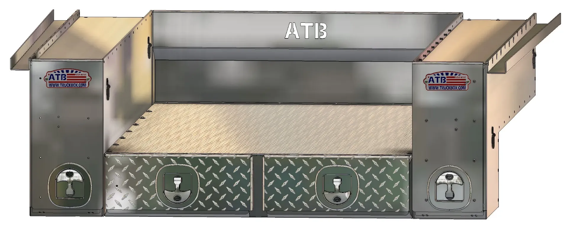 [A-BS51-206458D-T] Aluminum Complete Pickup Truck Bed Toolbox, Service-Pack or Tool-Pack with Pullout Drawers, Smooth Body Diamond TP Drawer Fronts, Side Tool Organizer Boxes with Center Double Drawers Pull-outs with Dividers and SS DT-T-Handle Locks and Optional Powder Coated Finish - A-BS51 Series (20H-64D-58W - 5.5' Bed, Smooth Body - Tread Fronts and Top)