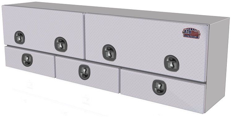 [A-DU42-282094DT-T] A-DU42 28"H x 20"D x 94"W - Aluminum Top Mount Drawer Utility HD Toolbox, Smooth Main Body and Diamond TP Bright Finish Double Top Hinged Doors and Triple Drawers, T-Handle Locks