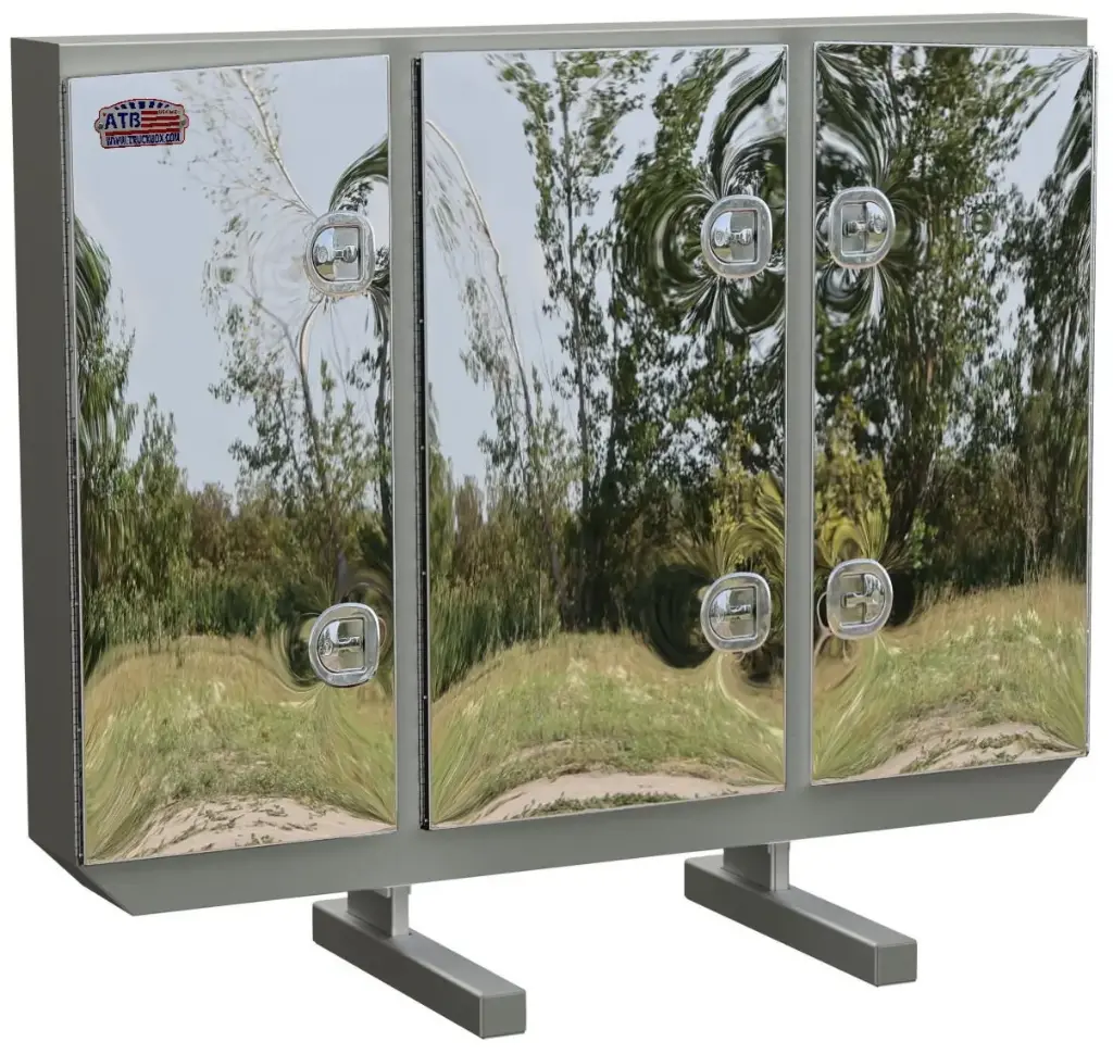 [A-RB51-601280T-MIK] A-RB51 - 60"H x 12"D x 80"W - Aluminum Semi Tractor HD Rack Box, Smooth Body with SS-Mirror Finish Triple Doors, 1 Chain Rack Outside Compartments, and 3 Shelves Center Compartment, DT-T-Handle Lockable Locks and I-Beam Mount.
