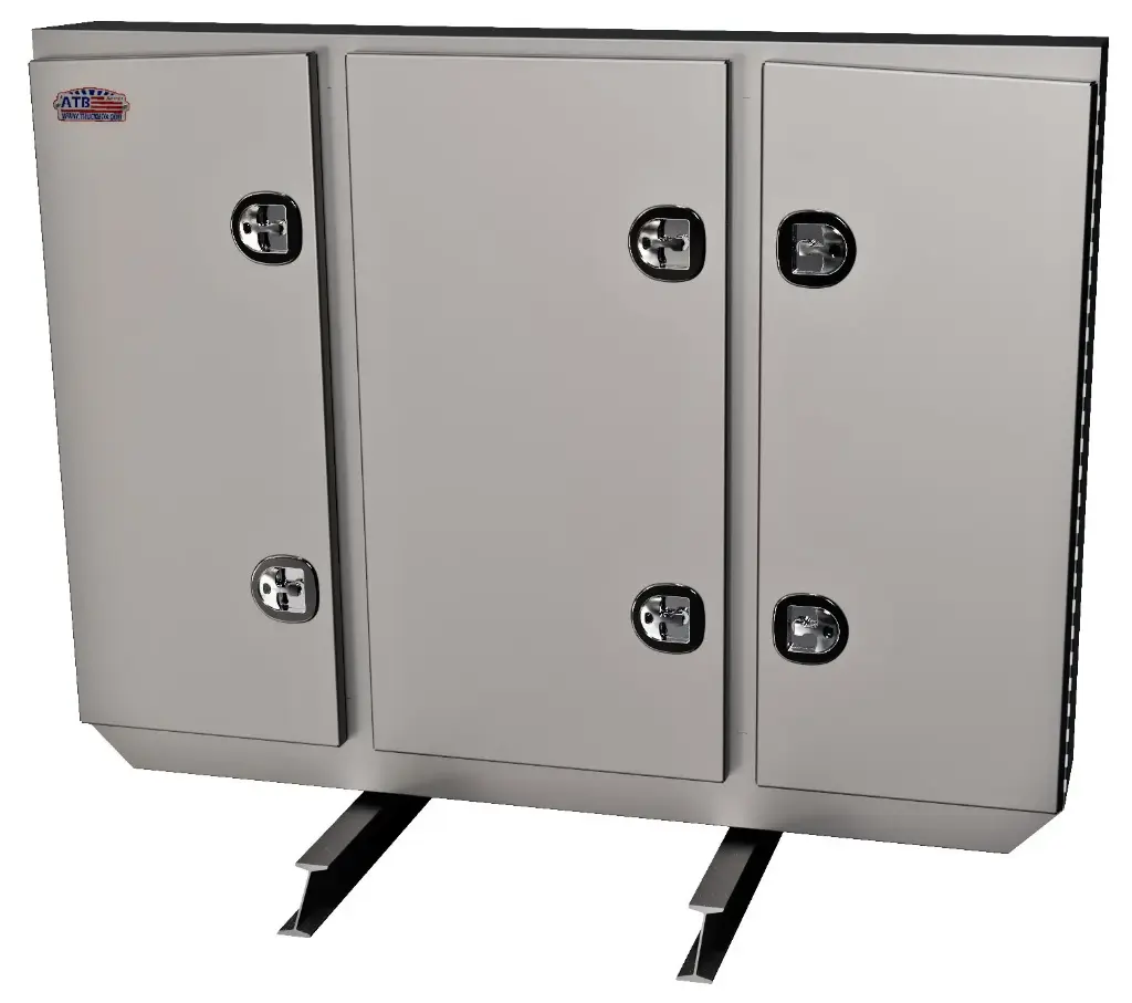 [A-RB51-601280T-SIK] A-RB51 - 60"H x 12"D x 80"W - Aluminum Semi Tractor HD Rack Box, Smooth Body with Smooth Polished Finish Triple Doors, 1 Chain Rack Outside Compartments, and 3 Shelves Center Compartment, DT-T-Handle Lockable Locks and I-Beam Mount.