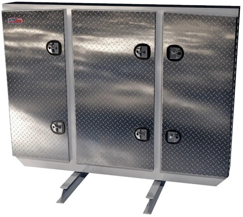 [A-RB51-601280T-TIK] A-RB51 - 60"H x 12"D x 80"W - Aluminum Semi Tractor HD Rack Box, Smooth Body with Diamond TP Finish Triple Doors, 1 Chain Rack Outside Compartments, and 3 Shelves Center Compartment, DT-T-Handle Lockable Locks and I-Beam Mount.